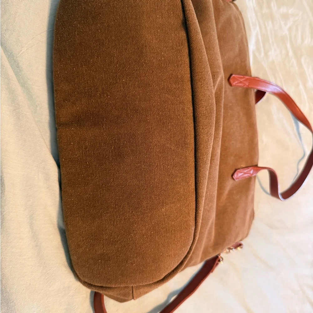 Olive Green Canvas Laptop Tote Bag Brown Shoulder Strap